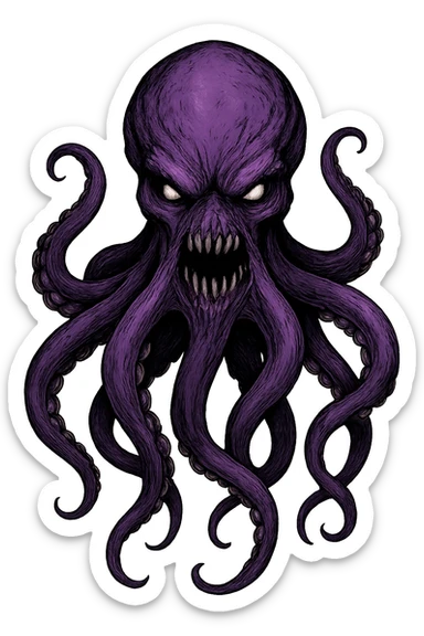 Remove the nose, make the octopus look scary, keep the purple color, with no background. Maintain the original style and details of the octopus while making it look scary and purple. sticker