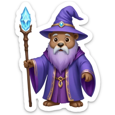 A wise old bear wizard with long beard casting a blue spell with wooden staff and purple flowing robes sticker
