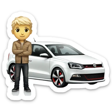 Blonde boy standing with white Volkswagen polo GTI with gold alloys sticker