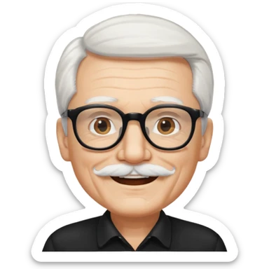 An elderly man with white hair and mustache, wearing black glasses sticker
