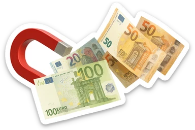 banconote di euro fluttuano vicino ad una calamita rossa, sono attratte, iperrealistico 4k sticker