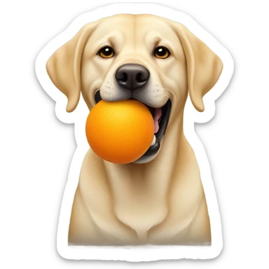 Yellow Labrador with an orange ball sticker