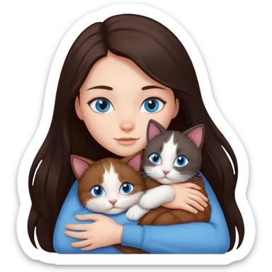 a girl with long dark 
brown hair, with blue eyes, hugs 3 different natural coloured cats sticker