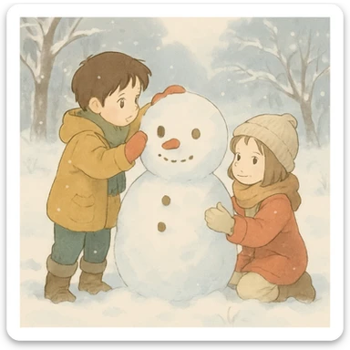 ghibli style kids building a snowman, soft colors, gentle winter scene sticker