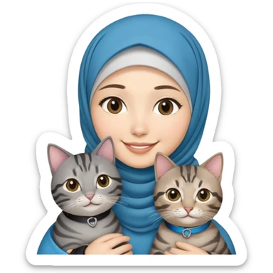 Asian White girl wearing hijab holding a black grey tabby cat while smiling. The cat is wearing a blue collar sticker