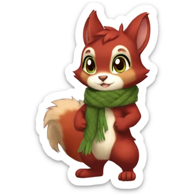 Cute, Chibi, Kemono-style, Anthro, Fur-Sona, Dark-Red, Squirrel-Rabbit-hybrid-Fakémon, with a green scarf, full body sticker