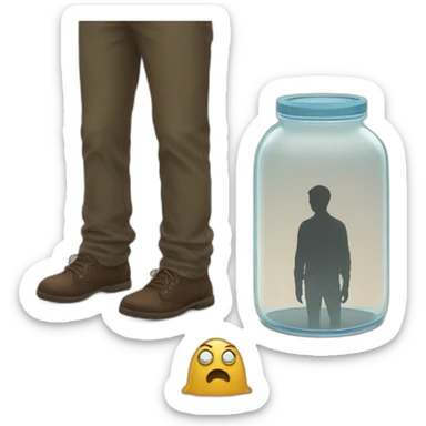 a glass jar standing on the floor between two man's feet sticker