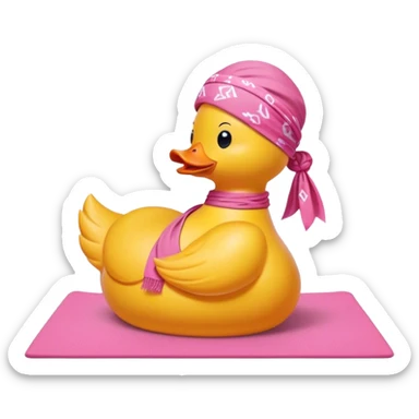 side view of yellow rubber duck with a pink bandana doing yoga while praying sticker