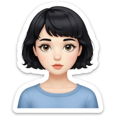 Gorgeous french woman short french haircut tousled wavy hair short straight across baby bangs black hair Amelie Beautiful Blushing Petite Girl with beautiful hair aesthetic sticker