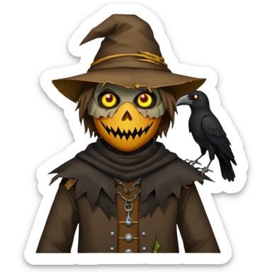 Scarecrow, Torn clothes, stitched mouth, glowing eyes, crow perched on shoulder. sticker