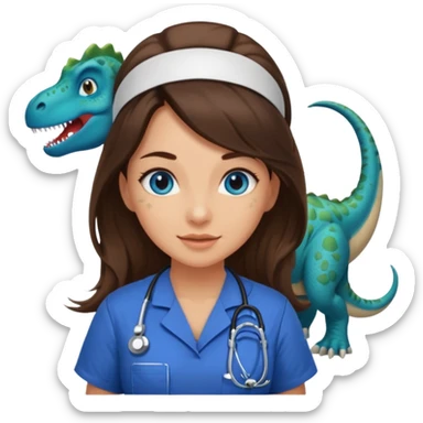 pretty brunette nurse with long hair and blue eyes in dinosaur scrubs sticker