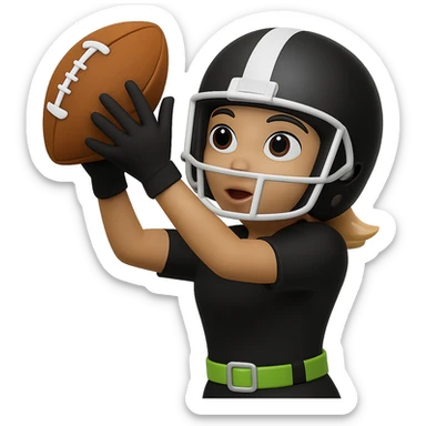 Create an emoji style image of a woman catching a football, wearing a helmet and an all black uniform with white accents. The only flag belt is lemon lime color, no other flags. She is holding one football. Keep the background transparent. sticker