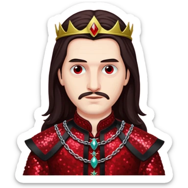 Vlad Tepes with long dark brown hair, dark red sequin outfit sticker
