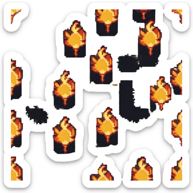 Bomberman left-facing end-cap explosion tile, flames ending and tapering leftward with pronounced flame wisps, orange/yellow with more red at the tips, extending about 70% into left direction sticker