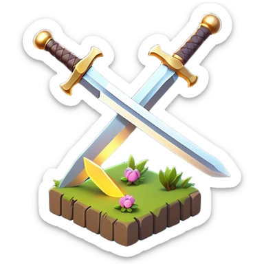 Clash of Clans aesthetic: Cinematic Playful 3D Isometric Sword Emoji, rendered in a 3D vector-style similar to standard emojis with minimal shading and bold, simplified shapes. A compact, distinct form with signature details, softly glowing with a fantasy RPG magic charm. Simplified yet unmistakably iconic, highly detailed and consistent, glowing with a soft radiance and high shine. Stylized with a touch of heroic grandeur and a soft glowing outline, capturing the essence of a beloved gaming relic with a friendly, playful manner! sticker