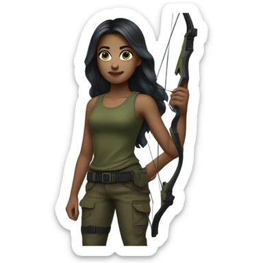 girl armed with bow and arrow, long dark hair, blue eyes, light skin, army green cargo pants, black tank top, black combat boots sticker