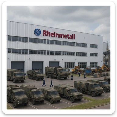 Realistic Rheinmetall factory exterior, large industrial building with Rheinmetall logo, parking lots filled with military vehicles, factory grounds with machinery and equipment, realistic lighting and shadows, industrial atmosphere, workers in uniforms walking around, camouflage colors sticker