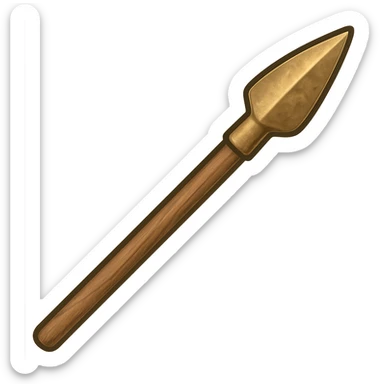 Create a bronze spear with a wooden stick handle and a single pointed bronze tip. The bronze tip should look metallic and worn, matching the style of the example image. The background should be transparent. The style should resemble an emoji style spear, focusing on clear and simple design with a bronze metallic tip and wooden handle. sticker