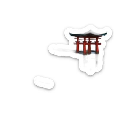 A lakeside island with a torii gate shinto shrine and small Japanese house with a blue tiled roof sticker