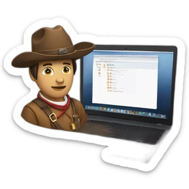 gaucho but not wearing a hat, mounted on a horse writing code on a laptop sticker