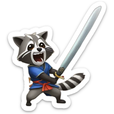 Raccoon fighting a dog with samurai sword sticker