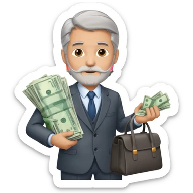 Un hombre con traje, de unos 60 años con barba, pelo largo, sin gafas y con una bolsa de dinero, importante, con traje de negocios y sin gafas  sticker