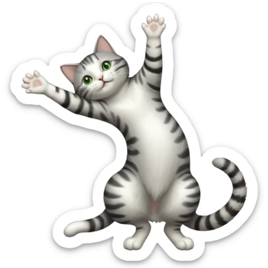 grey and white cat with green eyes doing a big extremely long stretch reaching up into the air with arms and legs side by side together straight and overextended whilst lying on its side sticker