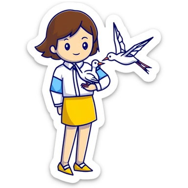 Ukrainian young girl with brown hair wearing a white embroidered shirt holds an origami yellow-blue crane sticker