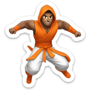 male Ninja Warrior athlete in orange white cloths, captured mid-air sticker