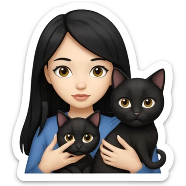 2 light skin tone girls with black straight hair holding 3 black cats sticker