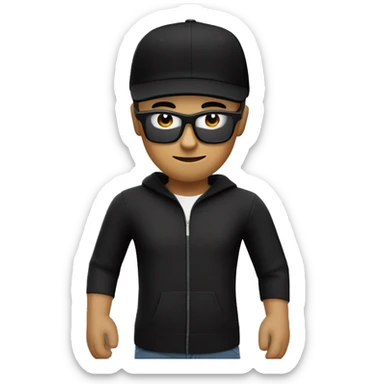 Boy with a Roblox studio dev huddie and black glasses and a black cap sticker