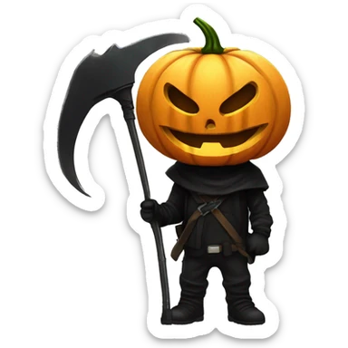 Human pumpkin hunter with a scythe, glowing pumpkin eyes inside a black helmet, Halloween theme, emoji" sticker
