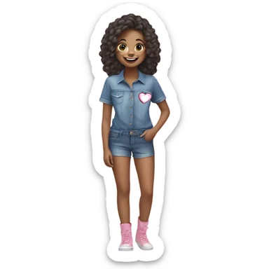 smiling girl in denim outfit tshirt color pink and blue and hearts love  sticker