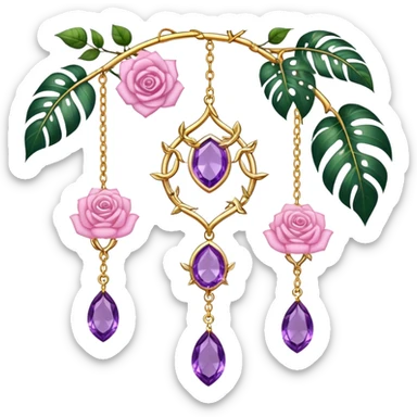 Hanging suncatcher, gold chains with shiny sparkly amethyst and rose-quartz gemstones, roses, beautiful tropical leaves, gorgeous aesthetics sticker