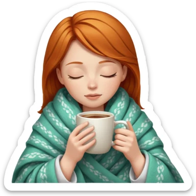 girl with ginger hair inside a blanket sipping coffee eyes closed sticker