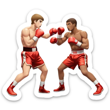 Two professional boxers in the ring, fighting for the world champion title. One delivers a long punch to the head, while the other skillfully dodges. The background features a crowded arena with bright lights and intense action. Transparent background sticker