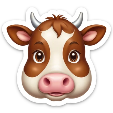Cinematic Cute Brown Cow Portrait Emoji, Head tilted playfully and inquisitively, featuring a glossy, rich brown hide with a natural sheen, round, sparkling brown eyes filled with gentle curiosity, Simplified yet irresistibly adorable features, highly detailed, glowing with a warm, friendly glow, high shine, affectionate and serene, stylized with a touch of country charm, bright and endearing, soft glowing outline, capturing the essence of a mischievous yet loving cow, so playful it feels like it could moo out of the screen and into your arms! sticker
