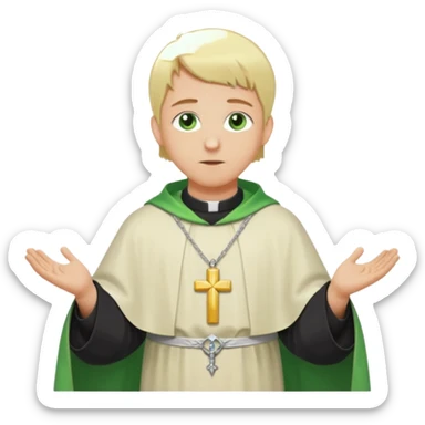 a priest, green eyes, blonde hair, light green chasuble (A wide, flowing, bell-shaped outer robe, without any religious symbols). opening arms, gazing thoughtfully. Soft light, subtle fern. Waist-up, profile. sticker