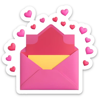 Recreate a pink envelope with a yellow card inside, several red and pink hearts coming out of the envelope, no text, white background, soft 3D shading and glossy highlights, matching the look of iOS 18 emojis. sticker