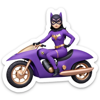  proportionally correct, real-appearance racing BatGirl’s feminine midnight-purple tight outfit sixty’s tv show 2032 stealth retro cat burglar sporty petite off-road pursuit hovering black hover cruiser car rose gold accents (black hair,reclined and relaxed seating position and attitude) Dakar sticker
