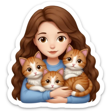 girl with long wavy brown hair cuddling with 6 cute cats sticker