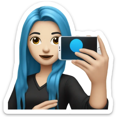 white skin girl with long blue hair in black clothes taking a selfie sticker
