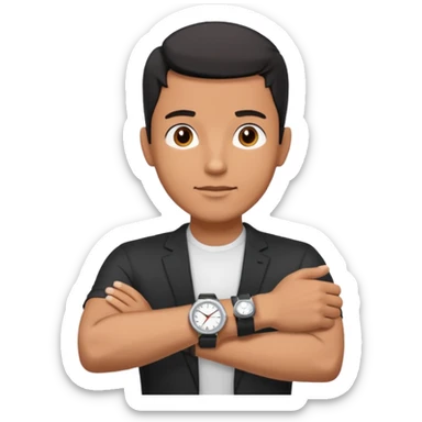 diverse man wearing a black strap watch on his wrist portrait, head and shoulders only, wrist raised slightly showing the watch clearly, modern style, 3D cartoon, mobile game icon style, clean background, no text, no watermark
 sticker