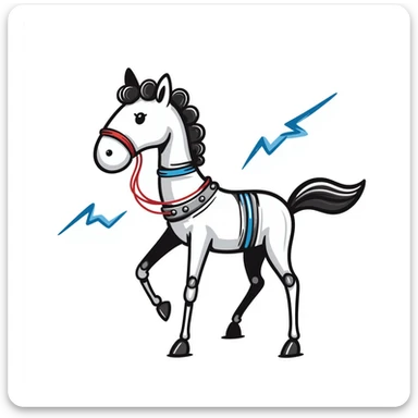 fast electric horse made of electricity, metal plates, bolts, visible blue and red wires, lightning coursing through its body, mechanical look sticker