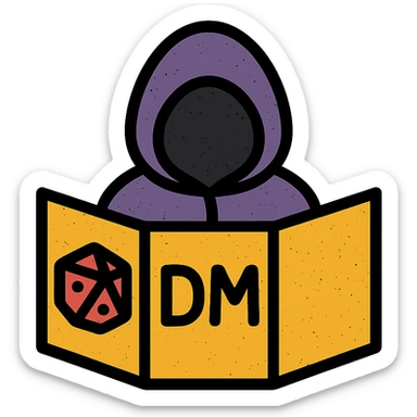 minimalist icon representing Dungeon Master for DnD TTRPGs with DM screen, dice, or hooded figure, worn distressed look sticker