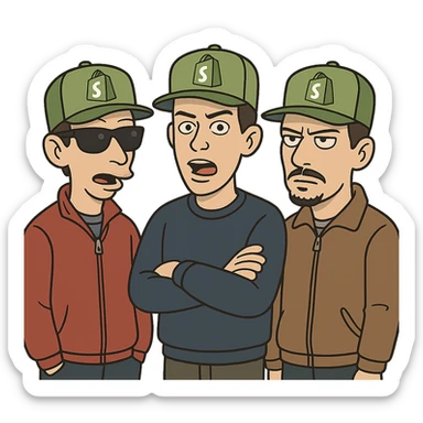 the Beastie Boys wearing hats with the Shopify logo sticker