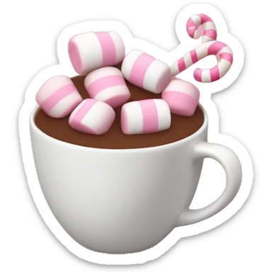 Hot chocolate with pink marshmallows in a pink and white stripped cup.  sticker