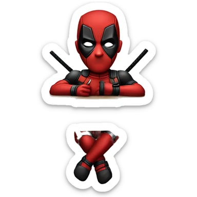 Cute Deadpool sitting at a desk, front view sticker