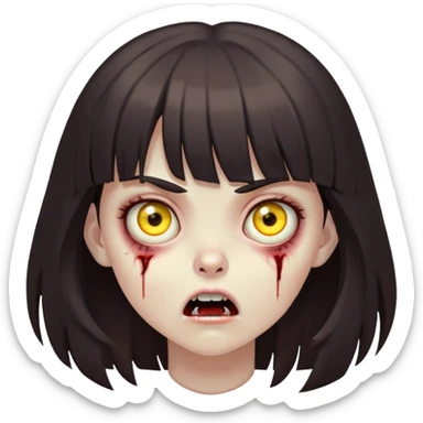 menina zombie de cabelo castanho escuro com franja, com expressão apavorada e com olhos amarelos sticker