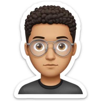 Young brown-skinned Latino man with oval face and large forehead, metal-framed aviator glasses with clear lenses, high skin fade haircut with very short dark curls only on top, calm friendly expression, black t-shirt sticker
